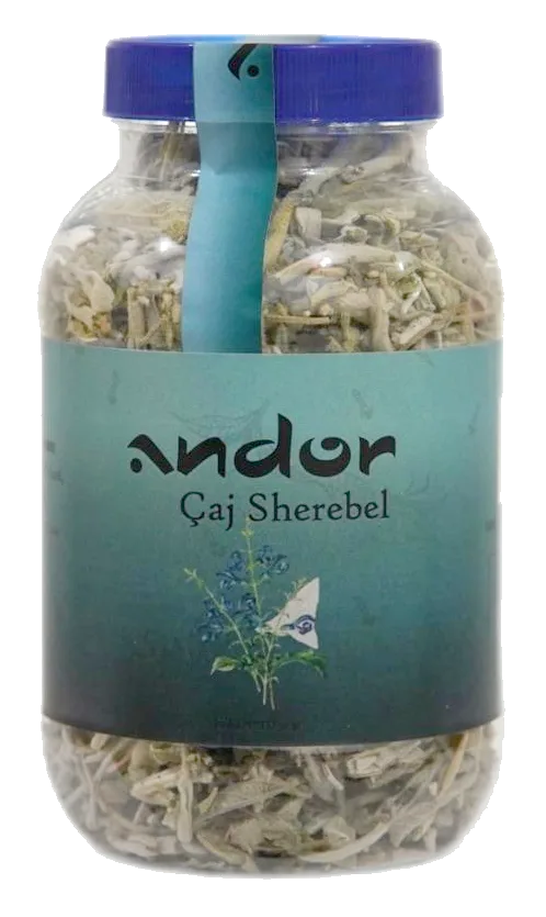Kavanoz i tejdukshëm me gjethe të tëra sherebele, me etiketë gjelbër-kaltëroshe dhe kapak blu.